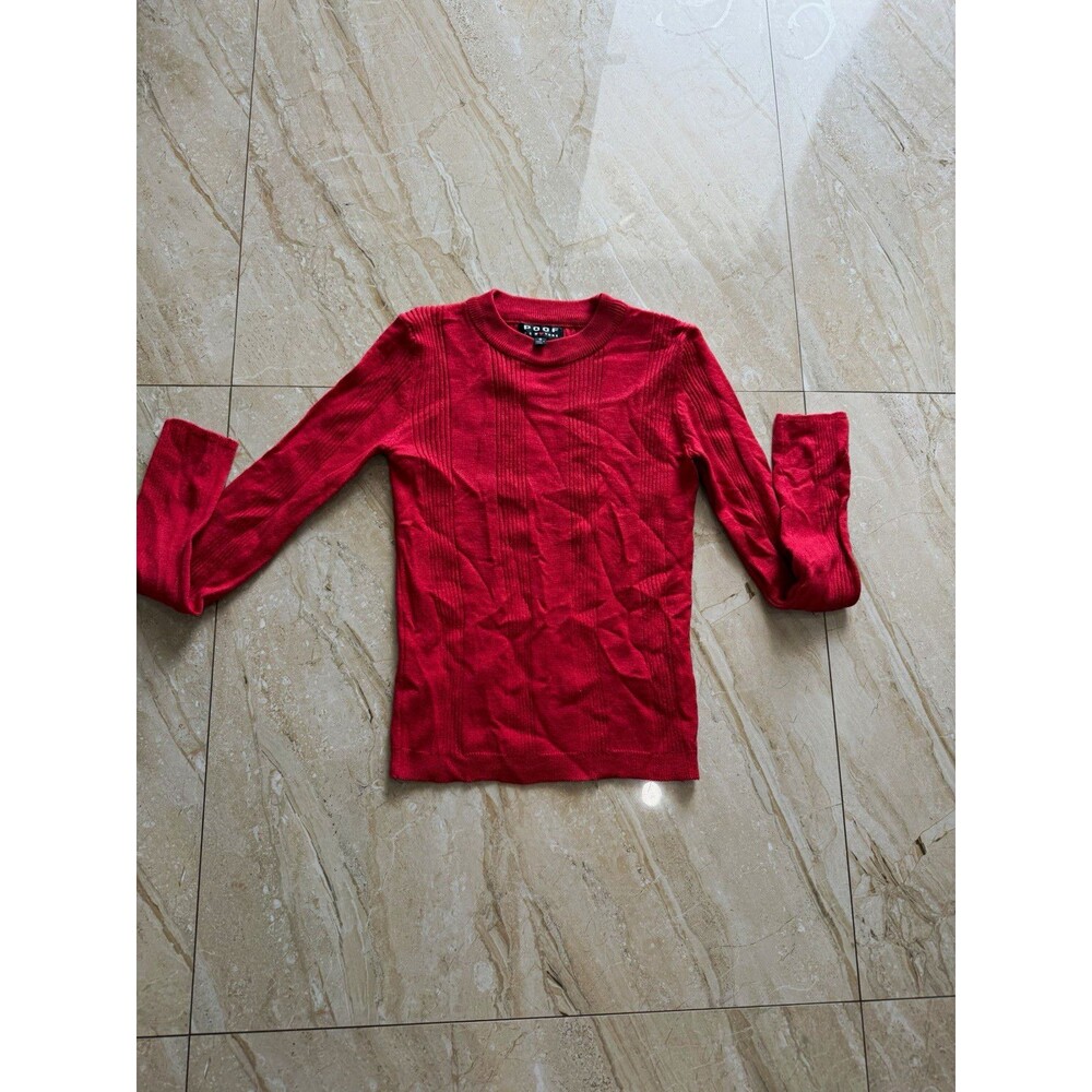Poof New York Women’s Red Ribbed Knit Crew Neck Pullover Sweater Long Sleeve S